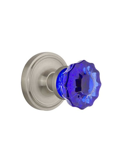 Classic Rosette Door Set with Colored Fluted Crystal Glass Knobs Cobalt Blue in Satin Nickel.